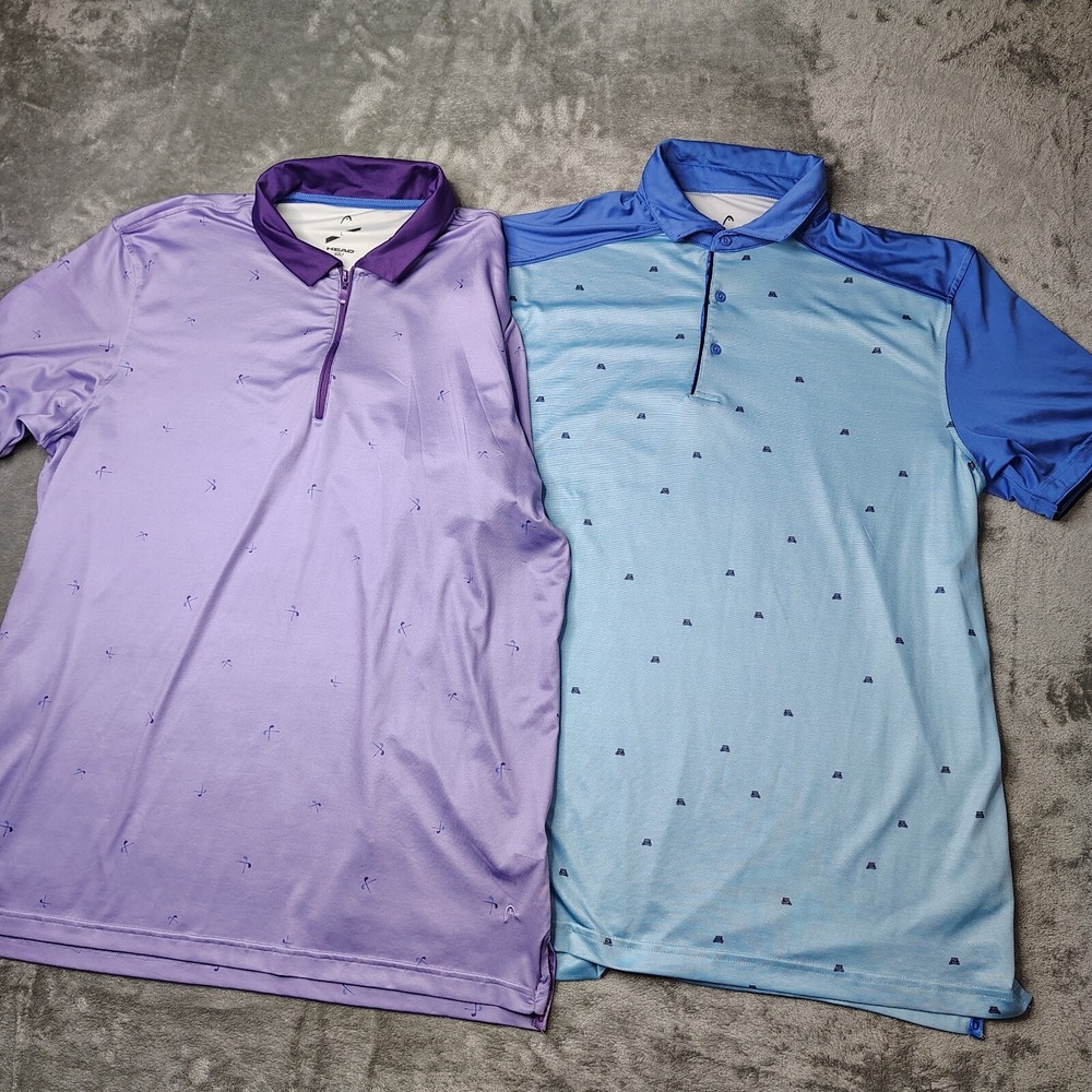 HEAD Polo Shirt Mens Large Purple Blue Pattern‎ Stretch Performance Bundle 2PK